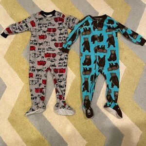 Kids One Piece Pajamas - Red and Gray Fire Truck & Blue and Brown Bear Designs